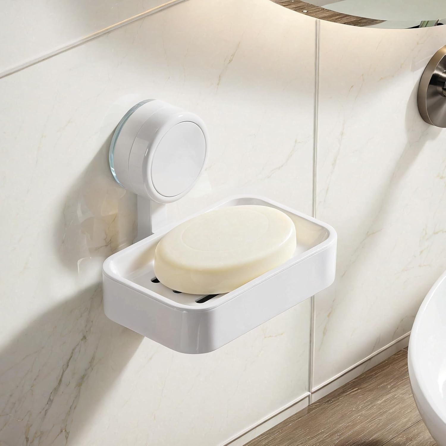 Mydelniczka z przyssawką, wyjmowana i odpływowa, nie wymaga wiercenia, do łazienki i kuchni, biała