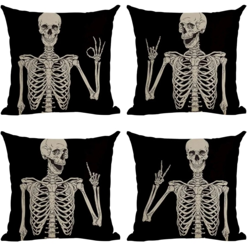 Zestaw czterech poszewek na poduszki z czaszką w stylu retro na Halloween