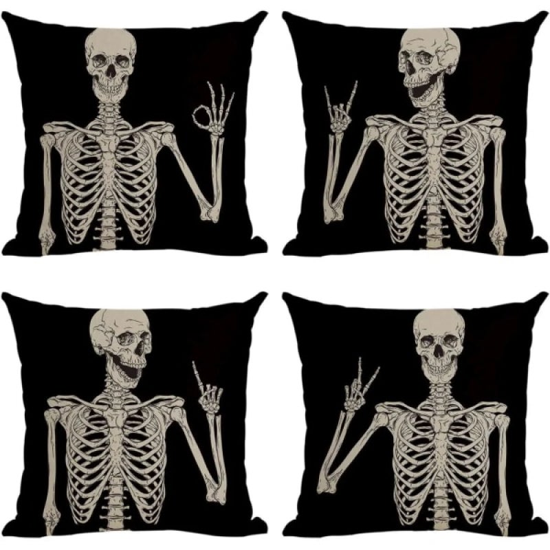 Zestaw czterech poszewek na poduszki z czaszką w stylu retro na Halloween
