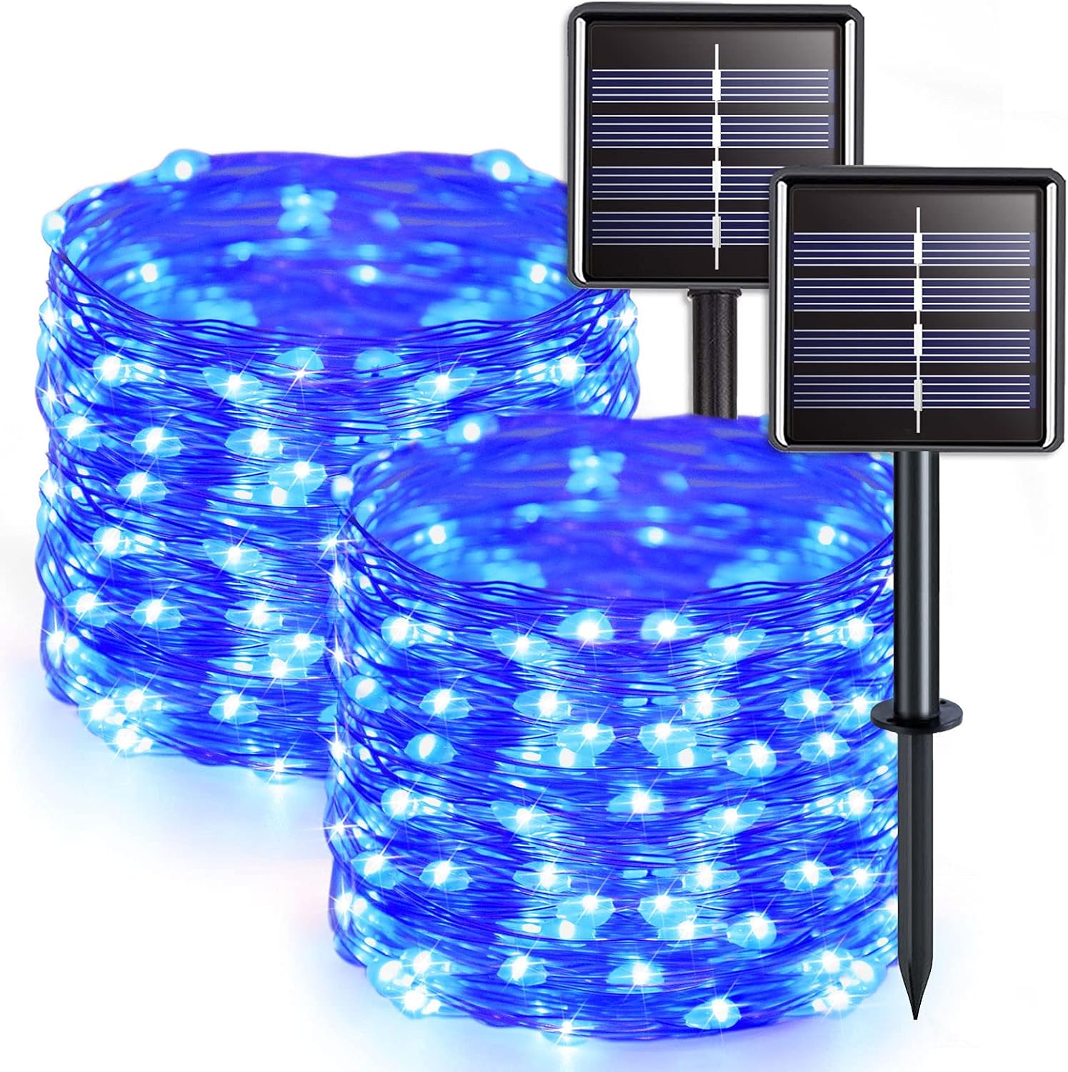 Dwa zasilane energią słoneczną łańcuchy świetlne, każdy o długości 22 metrów, wyposażone są w 200 niebieskich diod LED i 8 trybów oświetlenia.