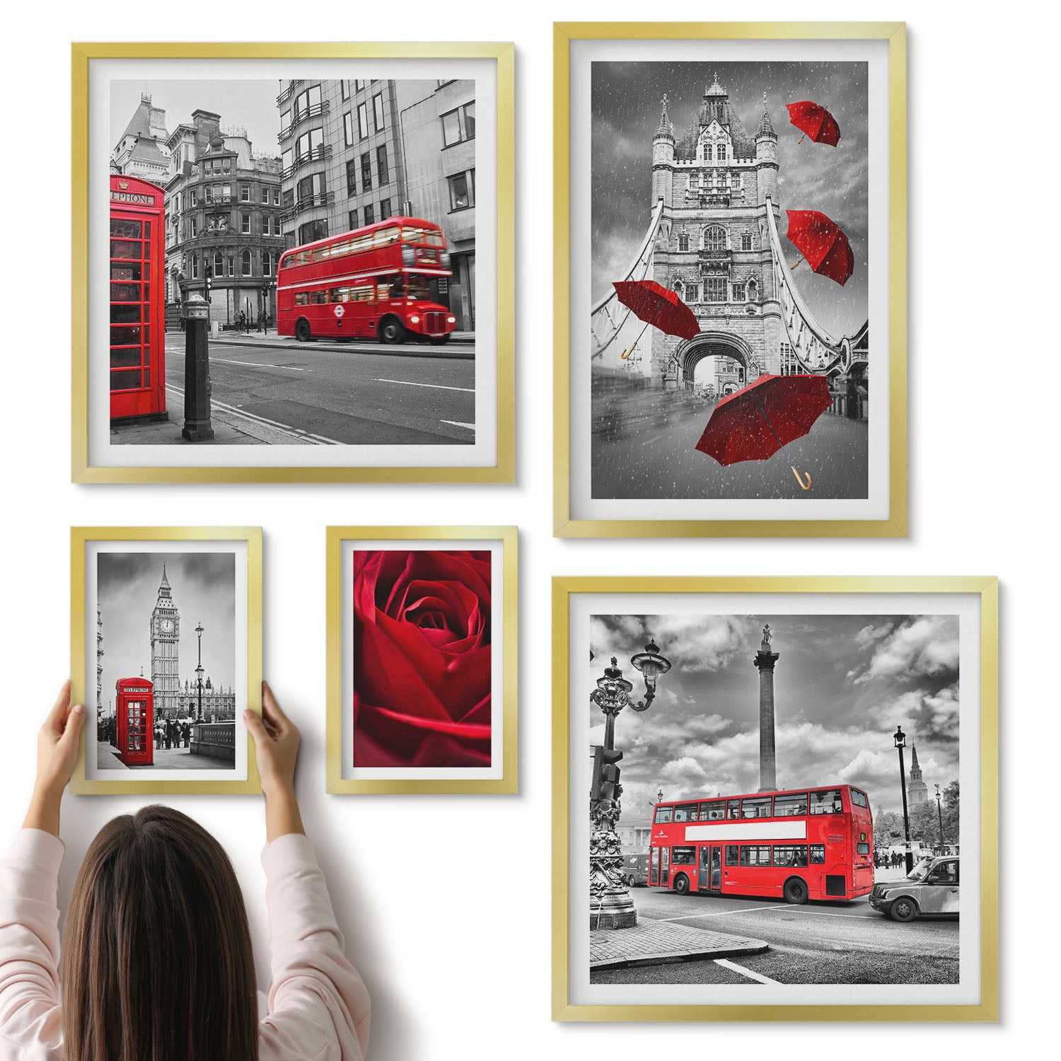 Galeria ścienna 5-częściowy komplet obrazów w złotych ramach - Londyńskie motywy z czerwonymi akcentami i detalami - ArtPrintCave