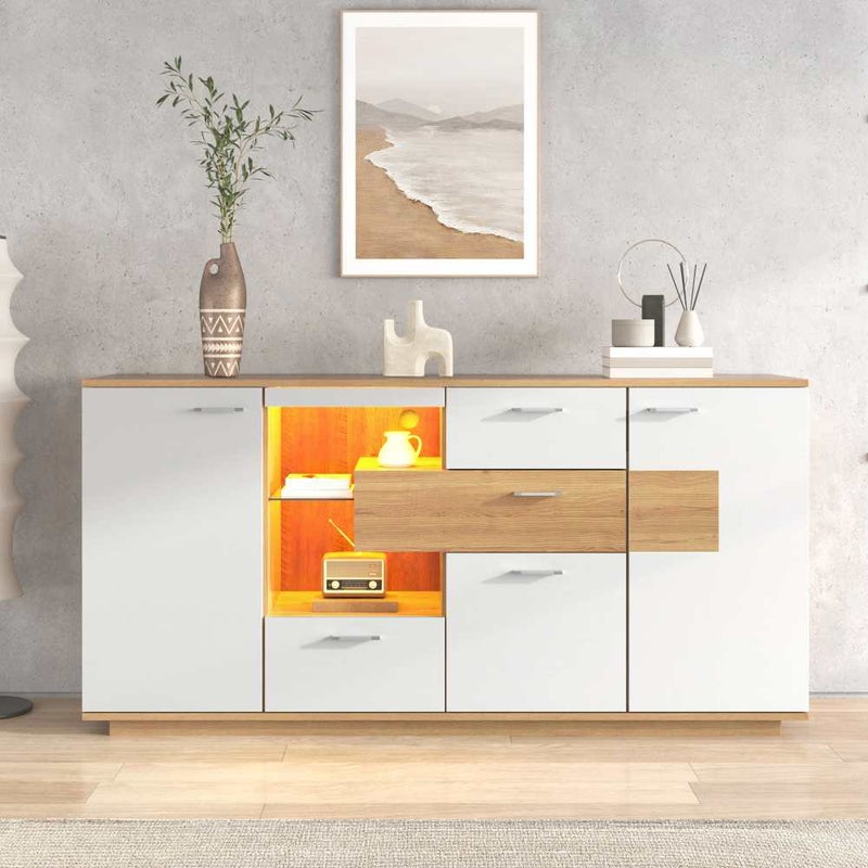 Nowoczesna komoda 160x40x77cm z oświetleniem LED, 2 drzwi, 4 szuflady, szklana półka, eleganckie miejsce do przechowywania w salonie