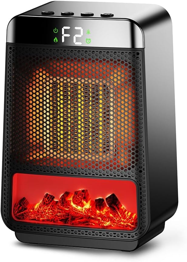 Dodatkowe ogrzewanie, grzejnik nadmuchowy 1500 W, ECO Grzejnik ceramiczny PTC z timerem i nastrojowym światłem płomieni 3D, wentylator grzewczy
