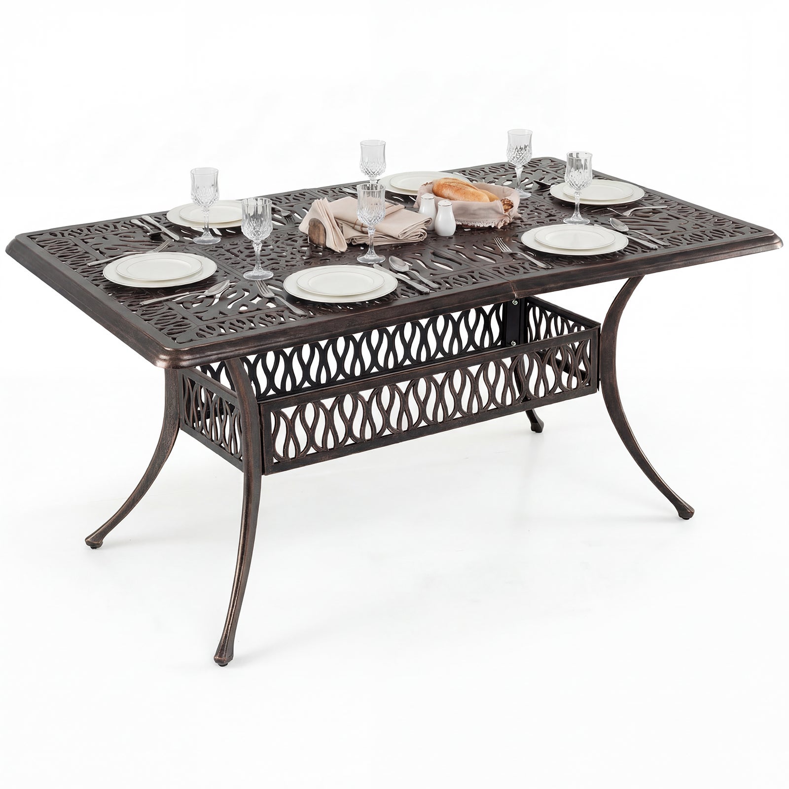 Prostokątny stół ogrodowy z odlewu aluminiowego dla 6-8 osób z otworem na parasol, stół jadalniany w stylu vintage 150 x 90 x 73 CM na patio, taras