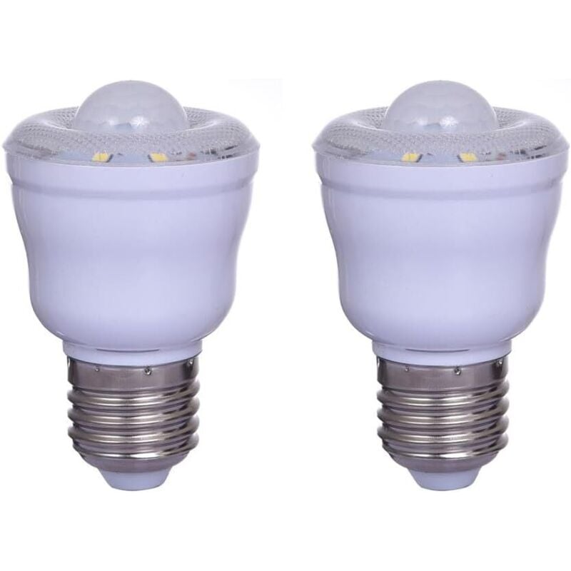 Żarówki z czujnikiem ruchu PIR, 2 sztuki, gwint E27, 2 W, ciepłe białe światło 3000 K, prąd zmienny 220–240 V, nieściemnialne.
