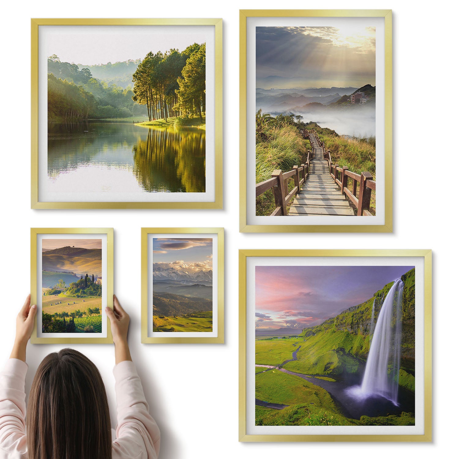 Galeria ścienna 5-częściowy komplet obrazów w złotych ramach - Naturalne krajobrazy z wodospadami i górskimi widokami - ArtPrintCave