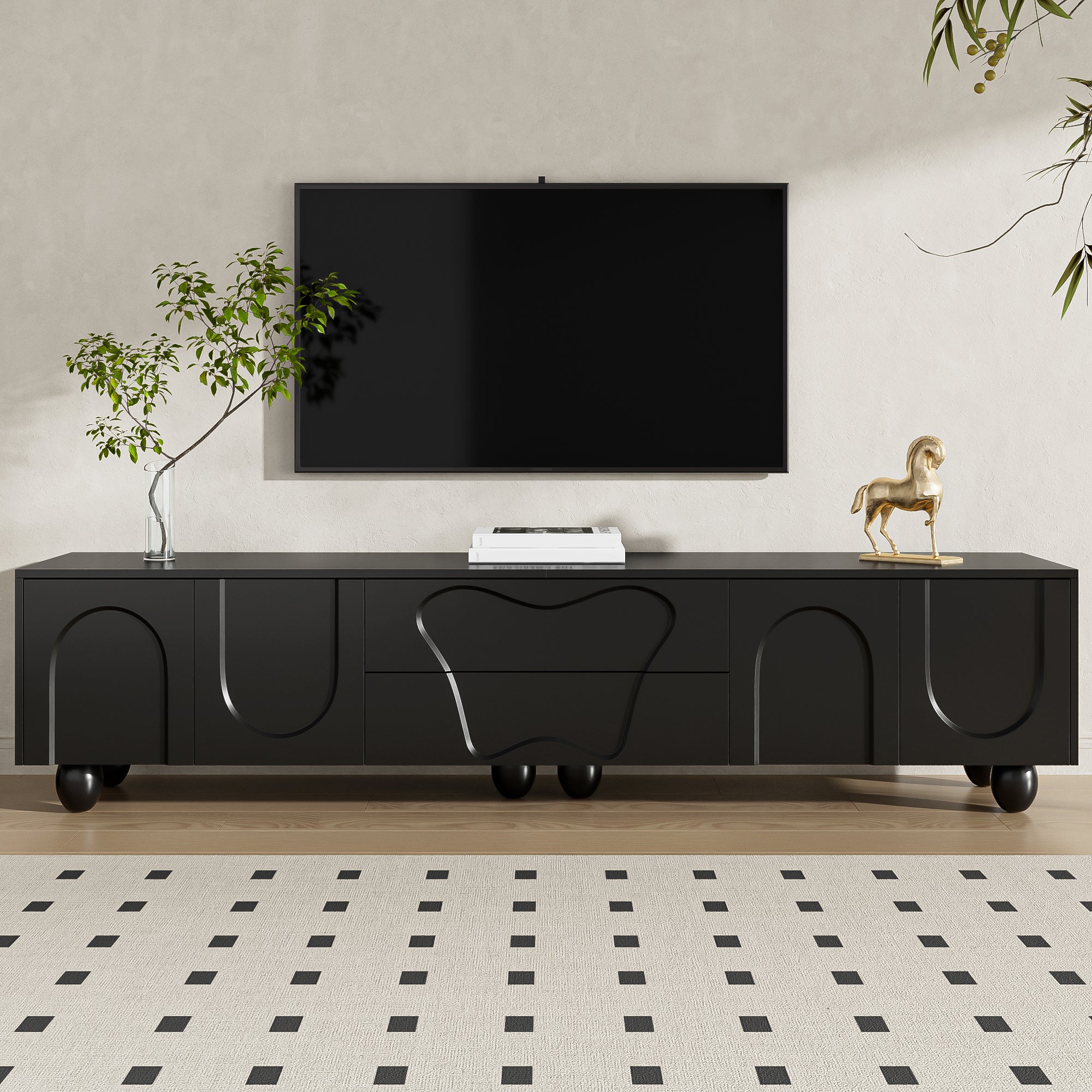 Szafka RTV z 4 drzwiami i 2 szufladami - 180 x 40 x 42 cm - Płyta wiórowa i nogi drewniane - Kolor czarny