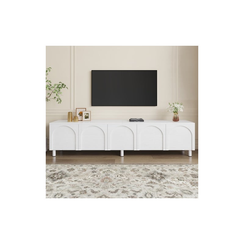 Nowoczesna szafka RTV 180 x 38 x 45 cm - 5 drzwi - Nogi metalowe - MDF + Płyta wiórowa - Biała