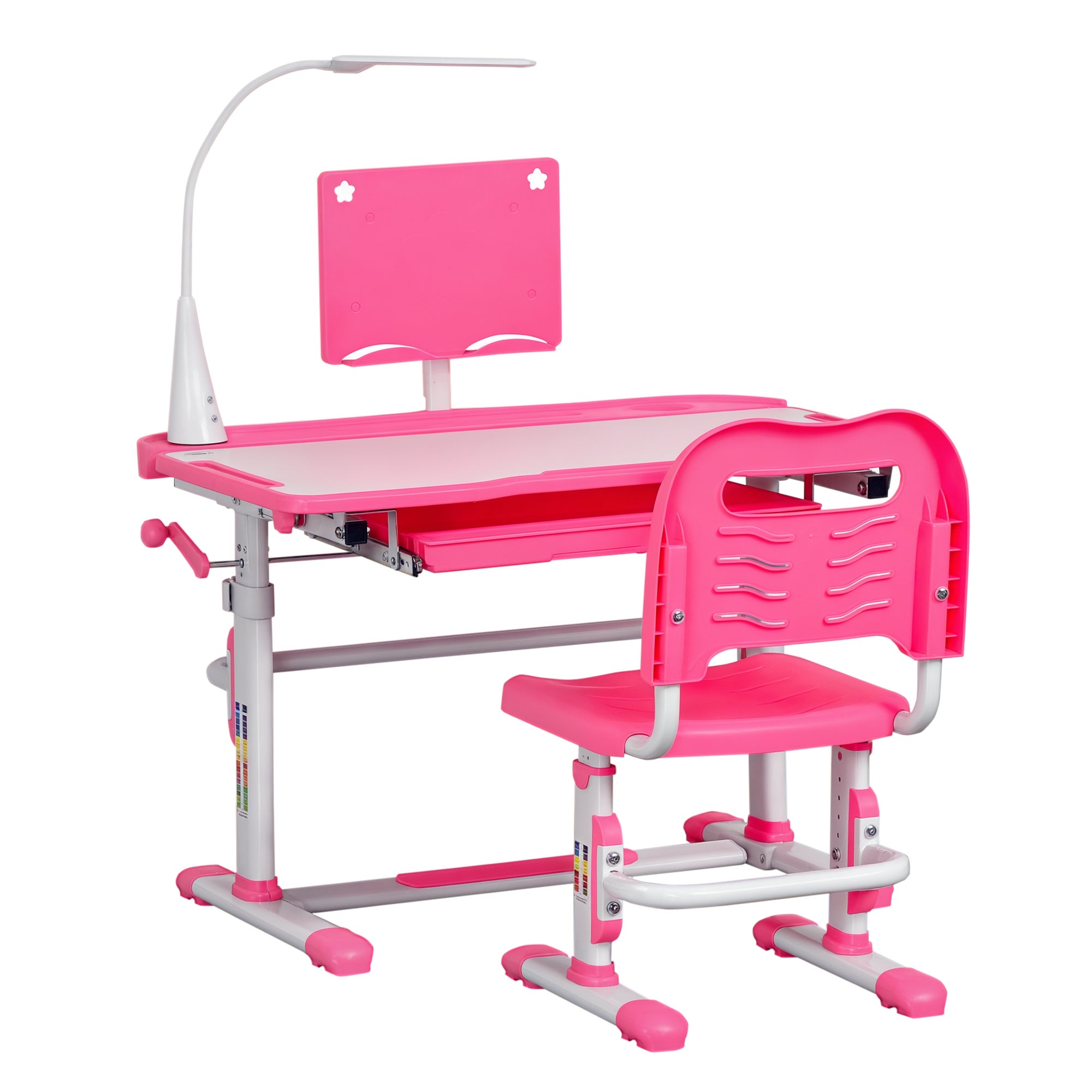 Biurko i krzesło dla dzieci w wieku 6+ z regulowaną wysokością i nachyleniem 80x49,5x82-104 cm i 35,5x43,5x63-73 cm, różowe