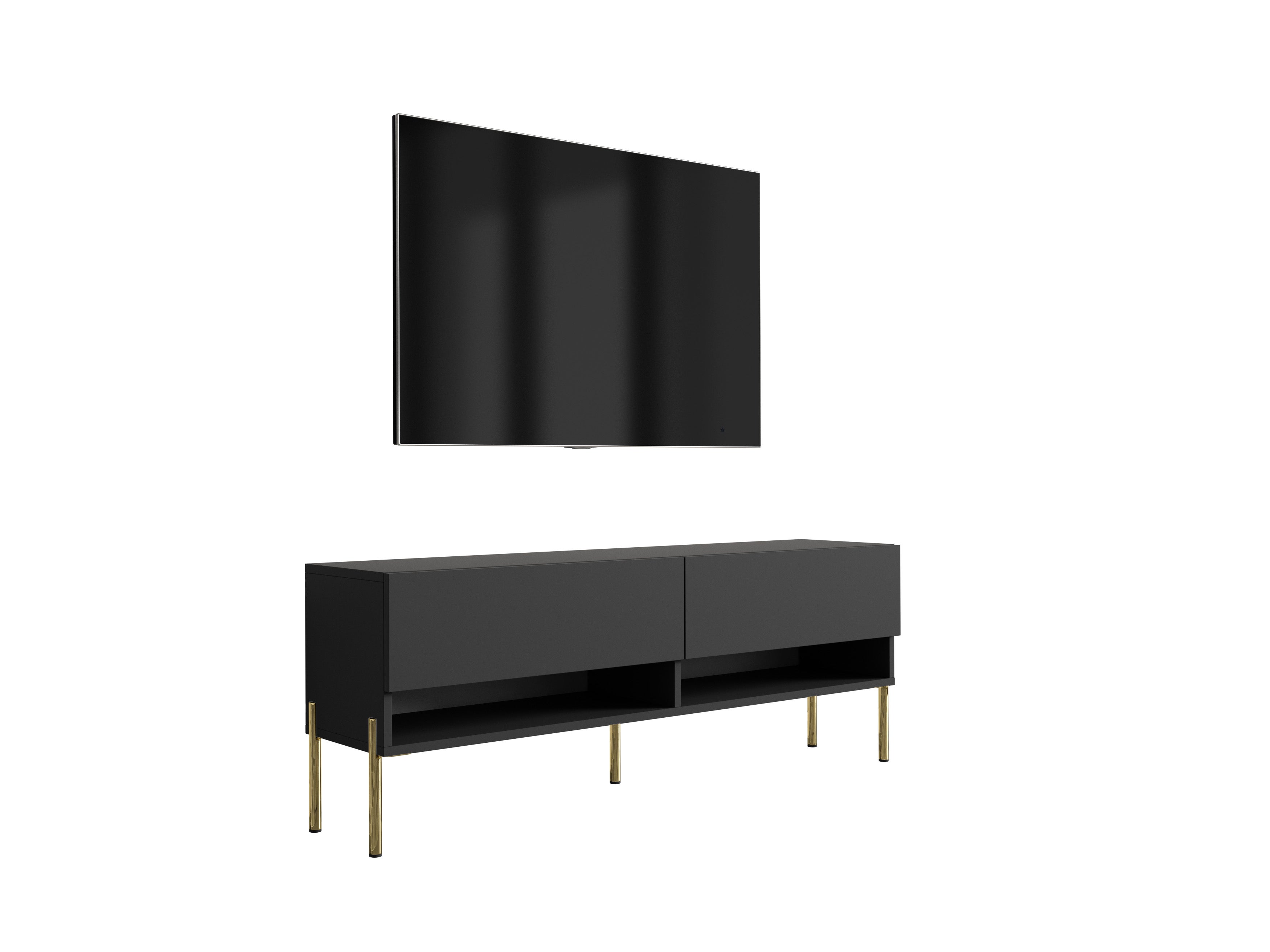 Szafka pod telewizor 140 cm Czarny Mat, nóżki proste złote, 140 × 32 × 52 cm