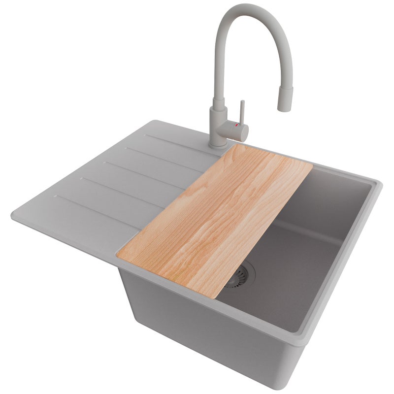 Zlewozmywak Granitowy Szary 62x50cm, Zlew Kuchenny 1 Komorowy + Bateria 38x14cm + Syfon + Deska, Nablatowy do szafki od 45cm - Kopenhaga PRIMAGRAN