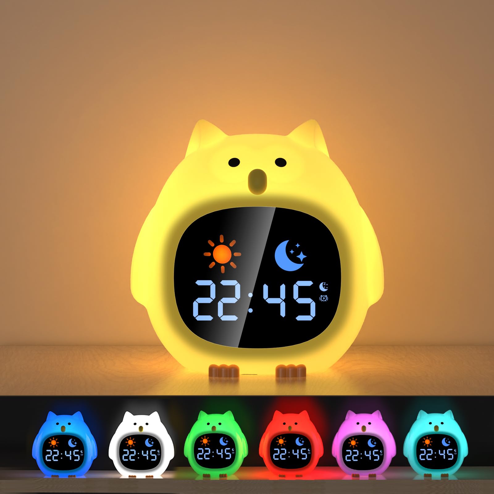 Cyfrowy budzik dla dzieci z lampką nocną, 6 alarmów z białym szumem dla dzieci, tryb snooze, 1800 mAh