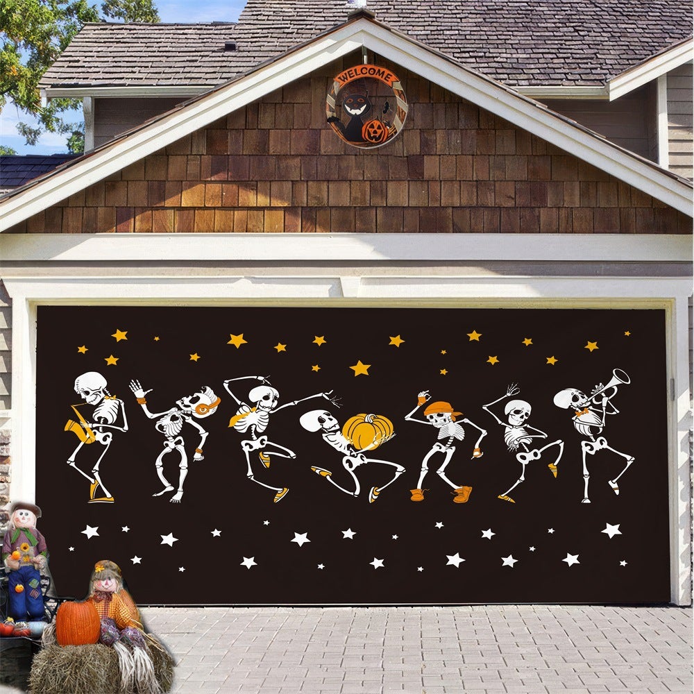 Baner na drzwi garażowe na Halloween z dyniowym zamkiem i motywem grozy, wodoodporne tło z tkaniny do dekoracji na imprezę na świeżym powietrzu