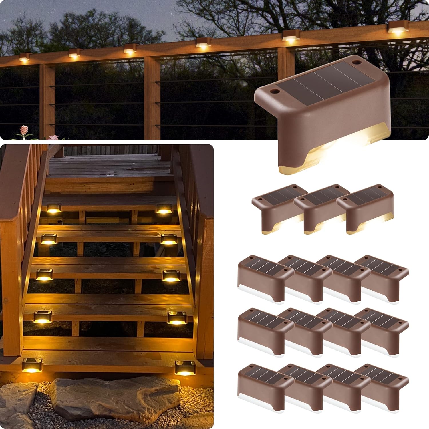 Zestaw 16 lamp solarnych LED na taras, wodoodporne lampy solarne do schodów, stopni, poręczy i tarasów zewnętrznych (ciepła biel, brąz)
