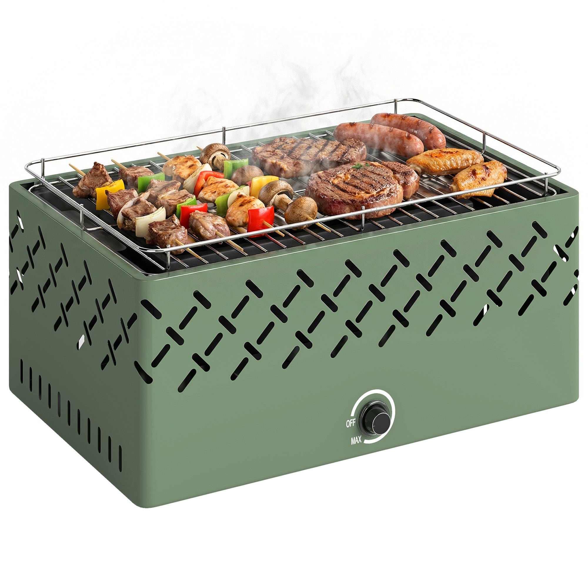 Grill węglowy 45,5 x 29 x 21 cm ze zintegrowanym wentylatorem, regulowaną temperaturą i tacką na węgiel, jasnozielony