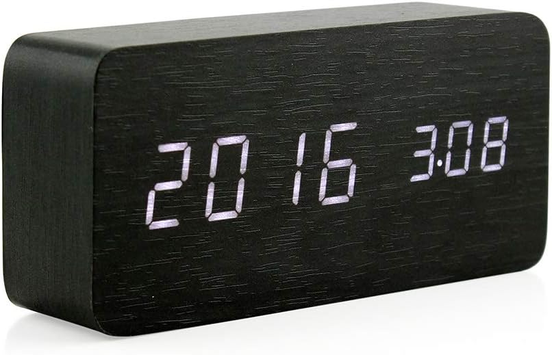 Drewniany budzik cyfrowy, wielofunkcyjny budzik LED z drewna z zasilaniem USB, sterowaniem głosowym, timerem i termometrem - czarny