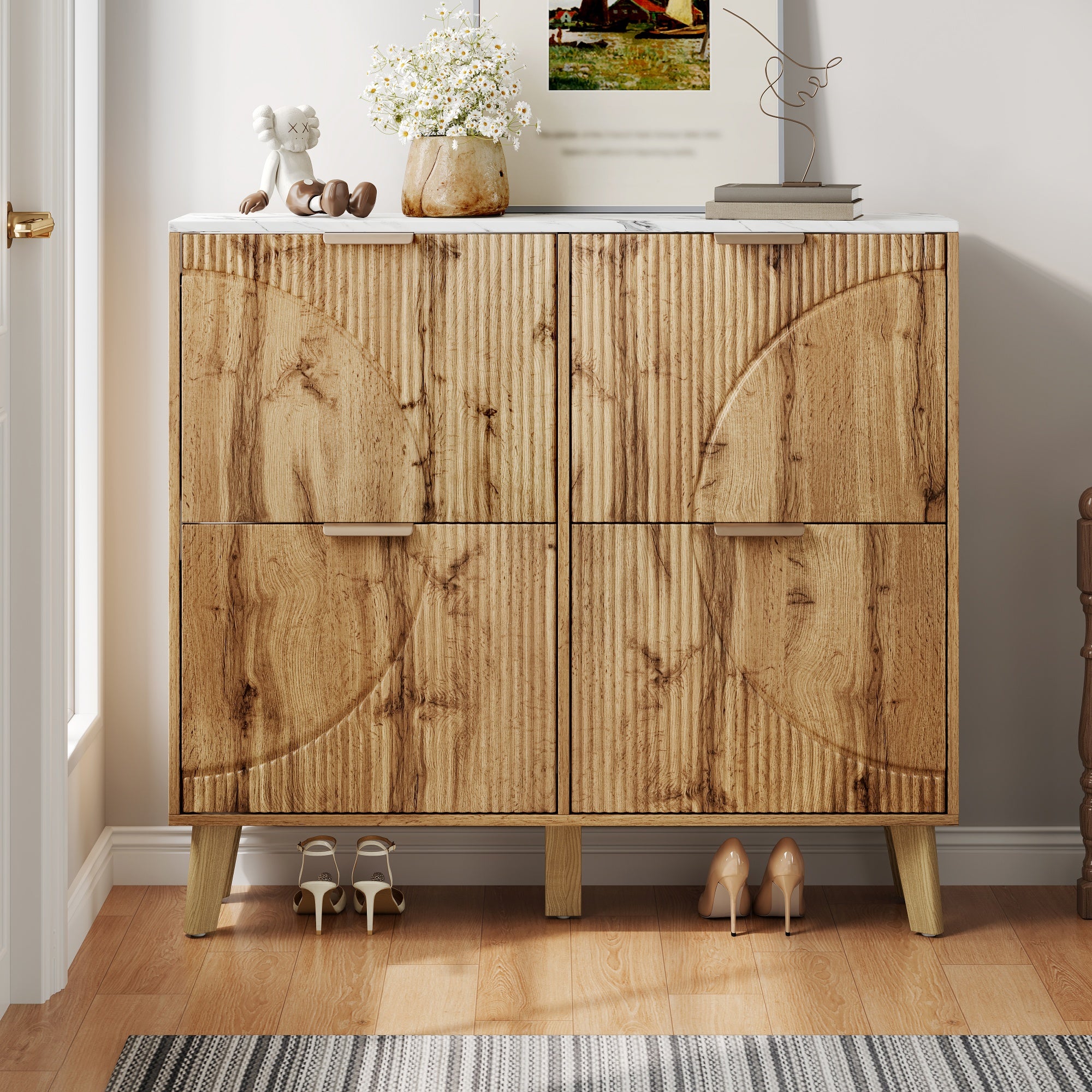 Szafka na buty z 4 drzwiami opuszczanymi i blatem imitującym marmur - MDF i nogi z litego drewna - 105 x 24 x 95,5 cm - Naturalna