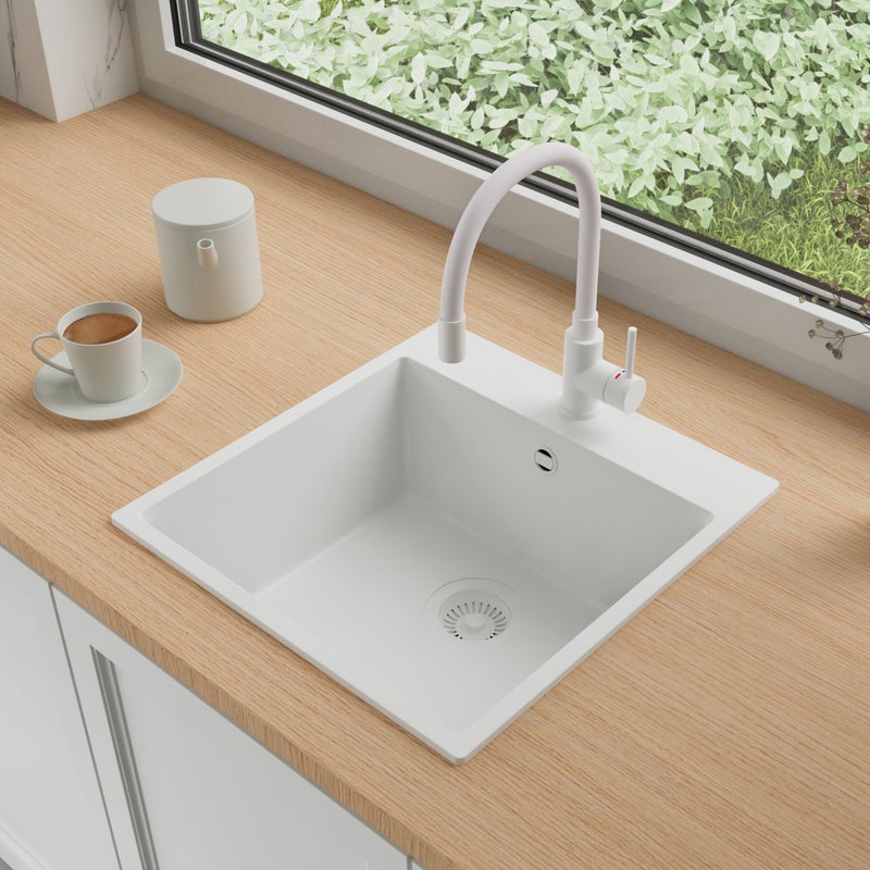 Zlewozmywak Granitowy 48x50cm, do szafki od 50cm + Bateria + Syfon - Amber Cały Biały STONESTYLE
