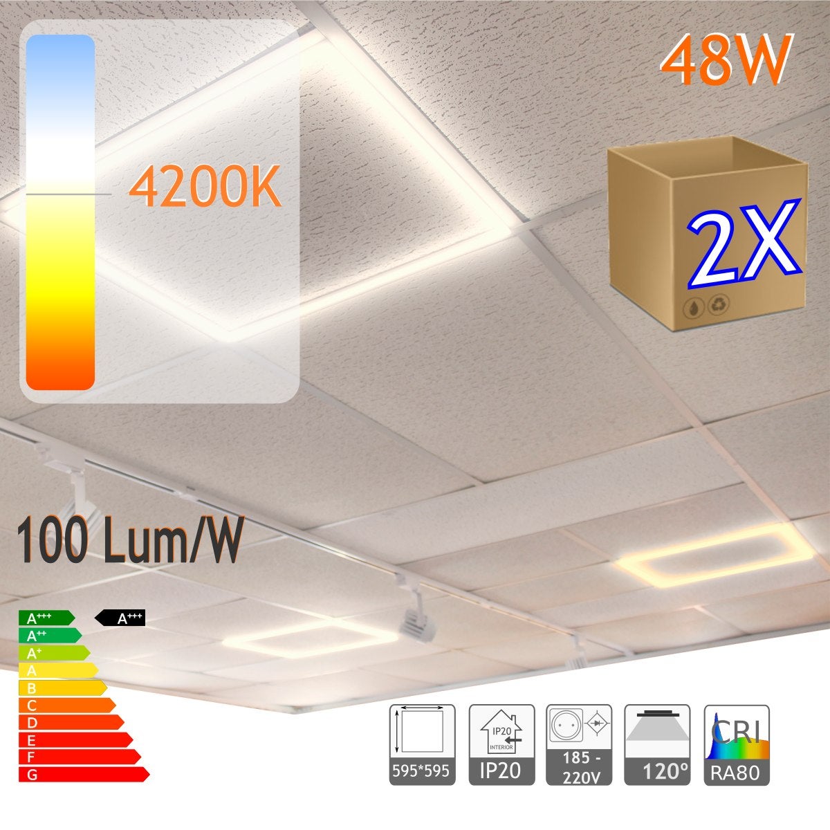 Zestaw 2x 2x Kwadratowa rama oświetleniowa LED 60x60cm 48W 4800 Lumen, Białe światło 4200K, do sufitów podwieszanych