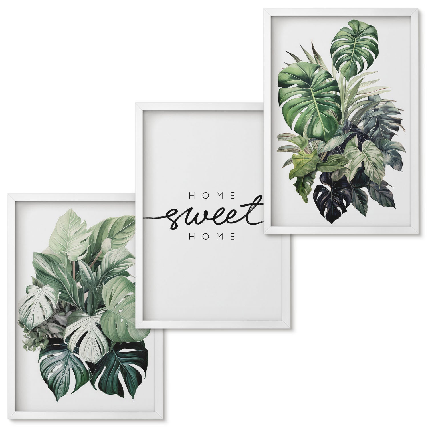 Zestaw obrazów w ramie - 3 części | Rośliny w zieleni z napisem Sweet Home | Biała ramka