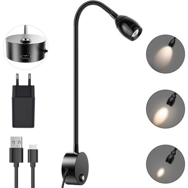 Lampka ścienna do czytania ERAY, lampka nocna LED, włącznik dotykowy, z regulacją ostrości, 3 W