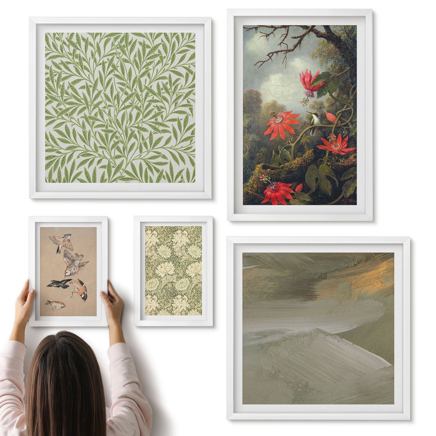Galeria ścienna 5-częściowy komplet obrazów w białych ramach - Kwiaty i ptaki w naturalnych motywach dekoracyjnych - ArtPrintCave