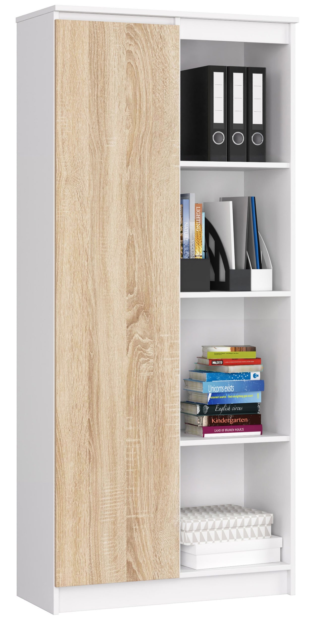 Regał AKORD R80 Biały 80 cm 1 drzwi kolor Dąb Sonoma mat 8 półek 80x35x180 cm