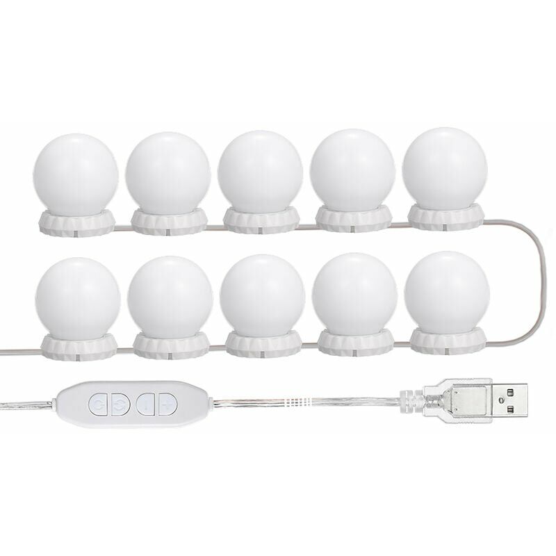 Zestaw oświetlenia LED do lustra toaletkowego z 10 regulowanymi żarówkami, 10 poziomami jasności i 3 trybami oświetlenia, typ USB, kolor biały - bia