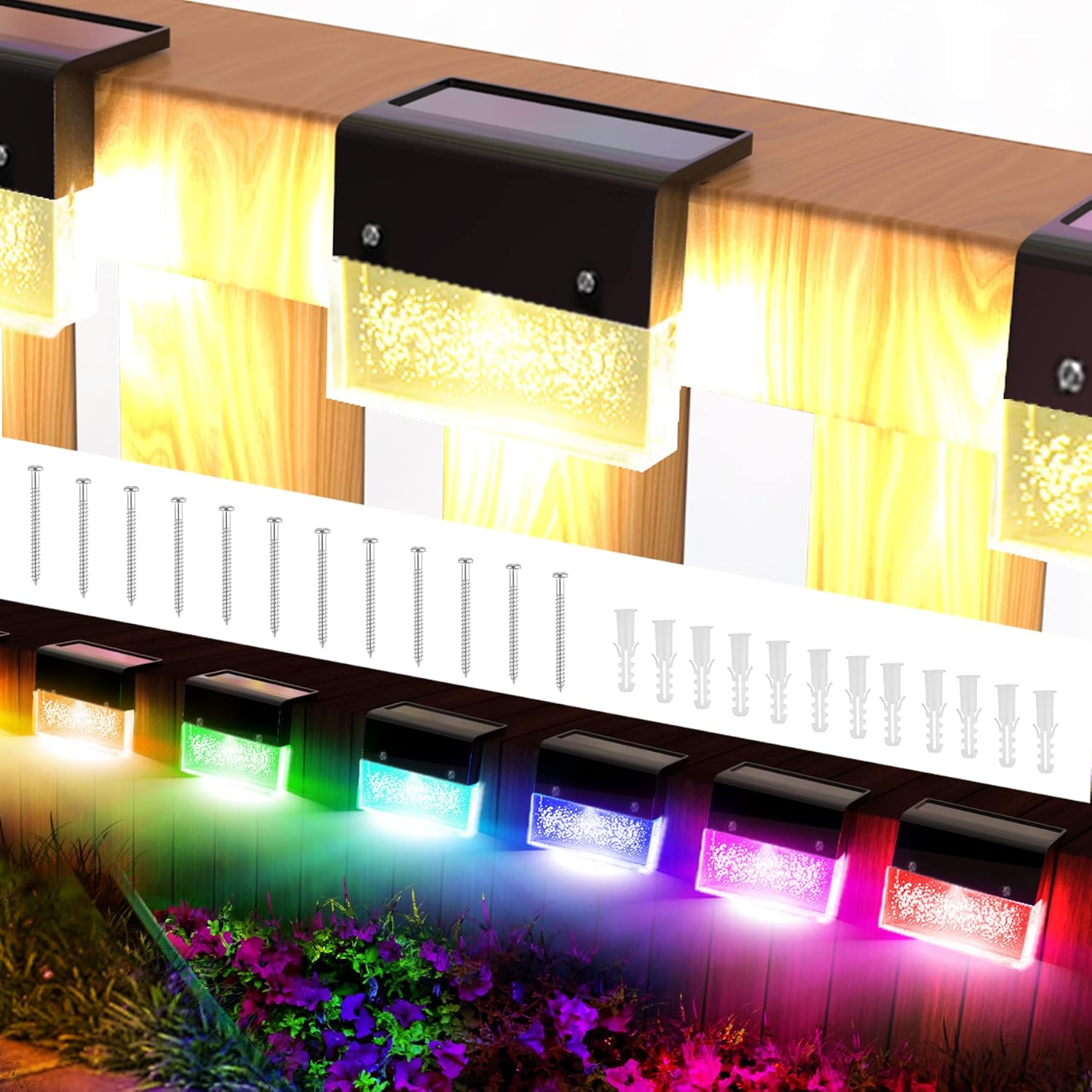 Zestaw 6 zewnętrznych lamp solarnych do ogrodu, na ogrodzenie i taras, z trybami RGB i ciepłą bielą do oświetlenia ściennego