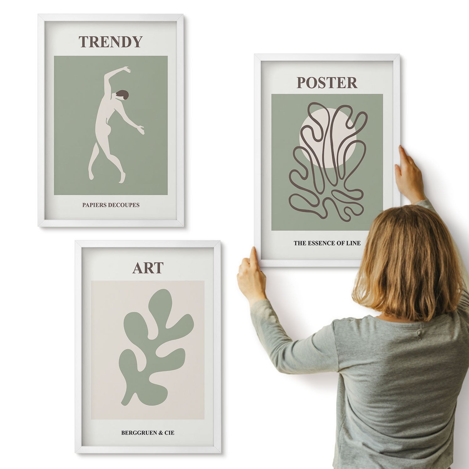 Galeria ścienna 3-częściowy komplet obrazów w białych ramach - Abstrakcyjne postacie i roślinne motywy w stonowanej kolorystyce - ArtPrintCave