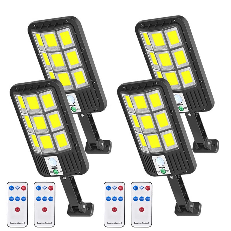 Lampy solarne zewnętrzne 108COB, projektor solarny 6500K, czujnik ruchu, zmierzch do świtu, wodoszczelne IP66, 4 sztuki.
