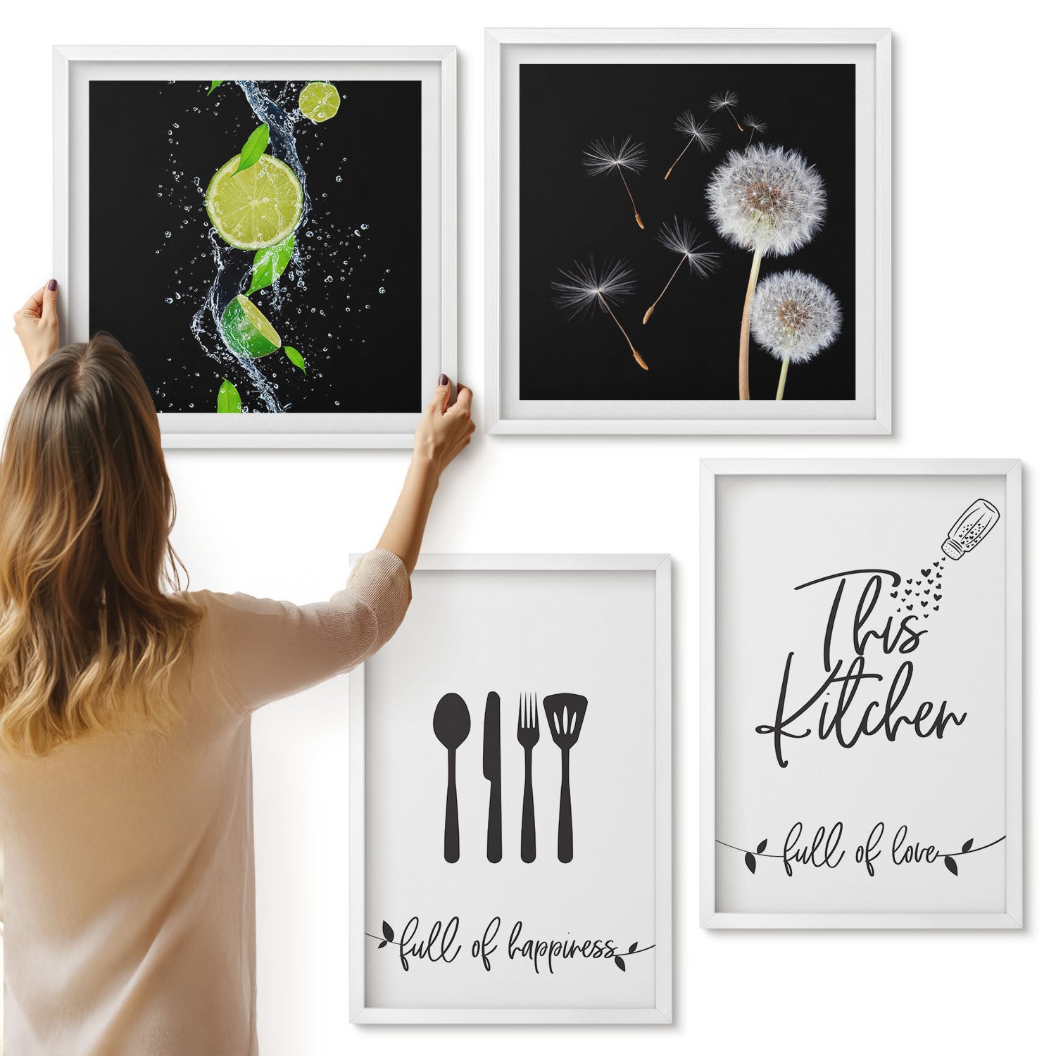 Galeria ścienna 4-częściowy komplet obrazów w białych ramach - Dmuchawce soczyste limonki kuchenne napisy - ArtPrintCave