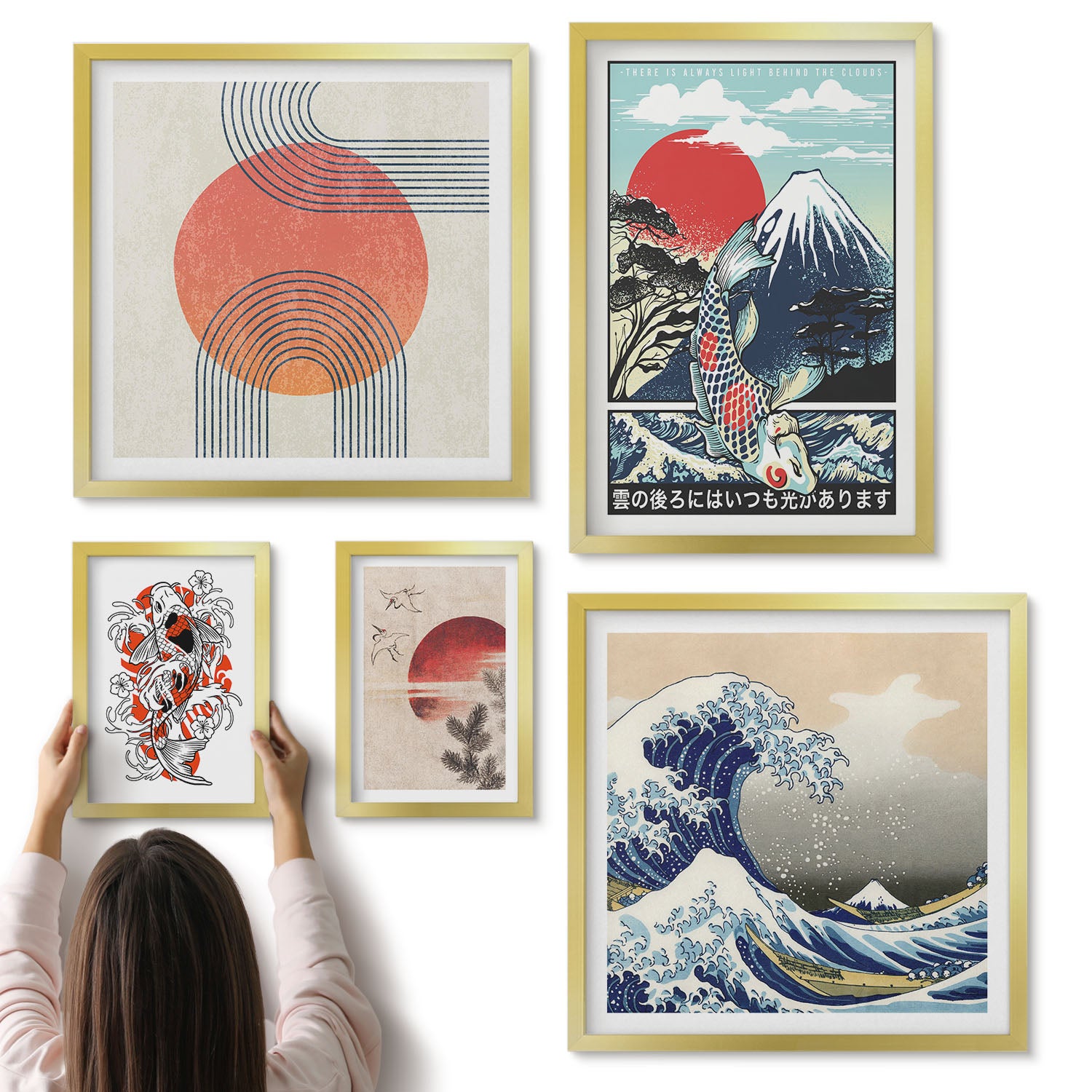 Galeria ścienna 5-częściowy komplet obrazów w złotych ramach - Sztuka japońska motywy fal i tradycyjne wzory - ArtPrintCave