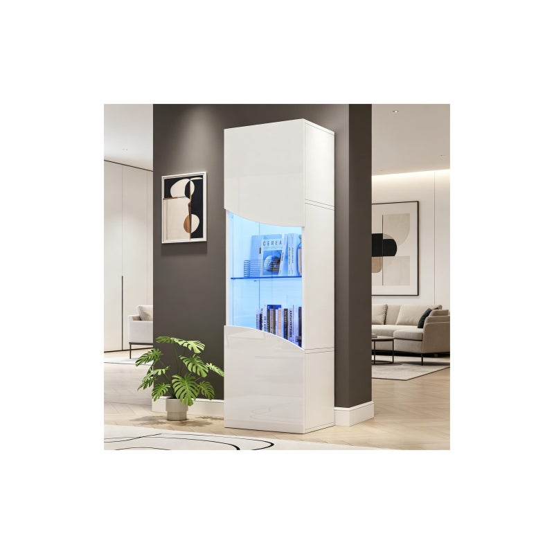 Witryna 35x50x165 cm - Oświetlenie LED - 1 drzwi - Wykończenie błyszczące - Duża przestrzeń do przechowywania - Płyta wiórowa - Biały