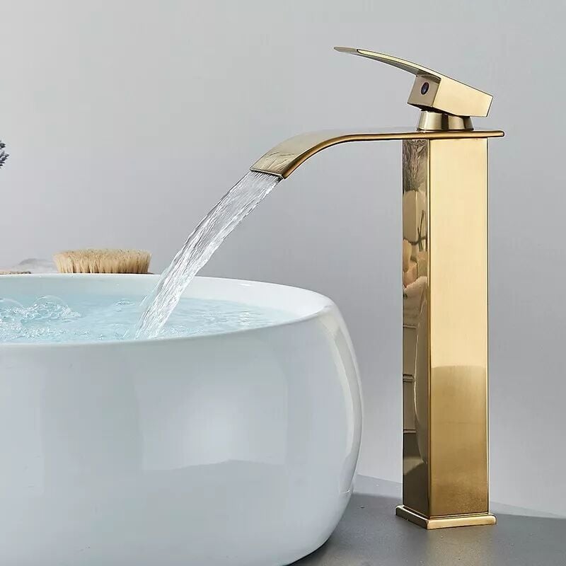Bateria umywalkowa typu wodospad w kolorze szczotkowanego złota – Jednouchwytowa – Elegancki, nowoczesny design