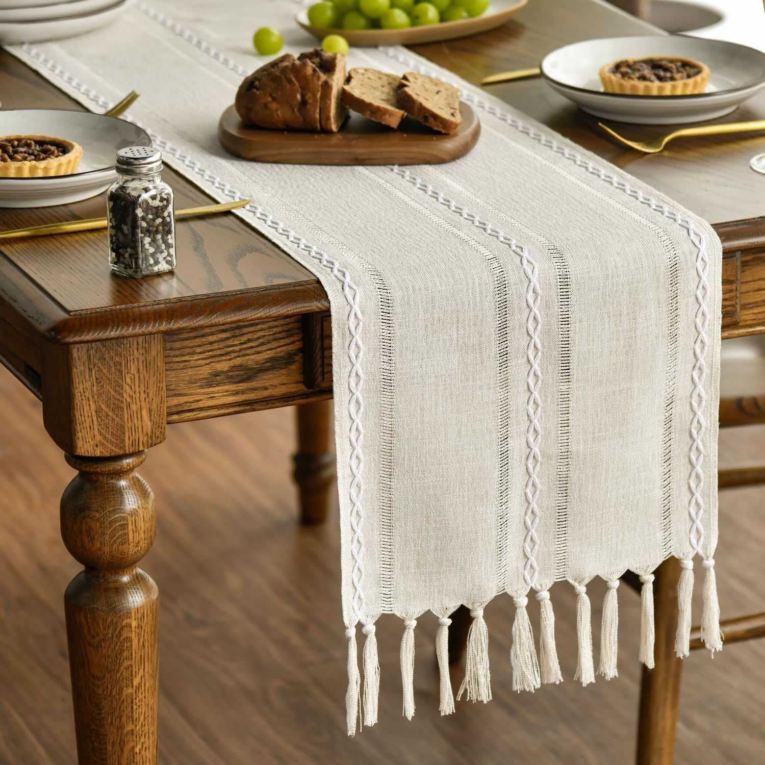 Bieżnik w stylu boho z frędzlami (33 x 143 cm) – Styl rustykalny – Dekoracja stołu kuchennego – Święta – Wesele – Dekoracja jadalni lub na urodziny