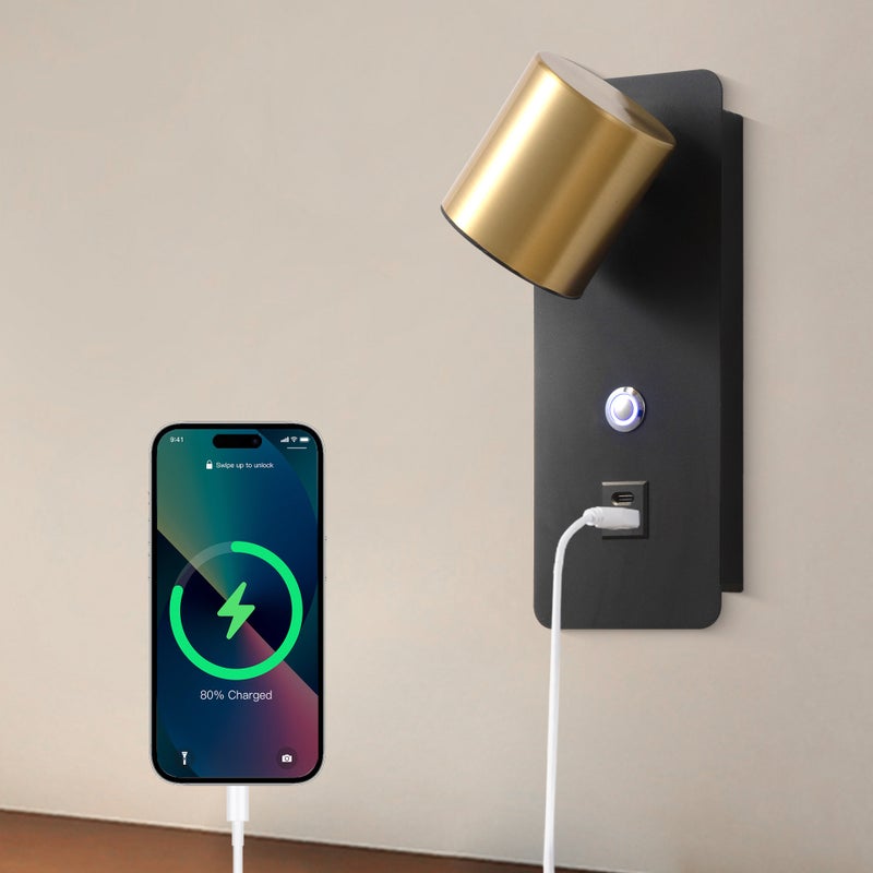 Regulowana Lampa Ścienna LED – 3 Temperatury Barwowe, Porty USB-C, Nocna Lampa 10W, Podłączana Lampka Nocna do Czytania