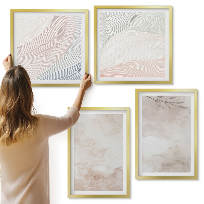 Galeria ścienna 4-częściowy komplet obrazów w złotych ramach - Akwarelowe plamy i liście w pastelowych barwach - ArtPrintCave