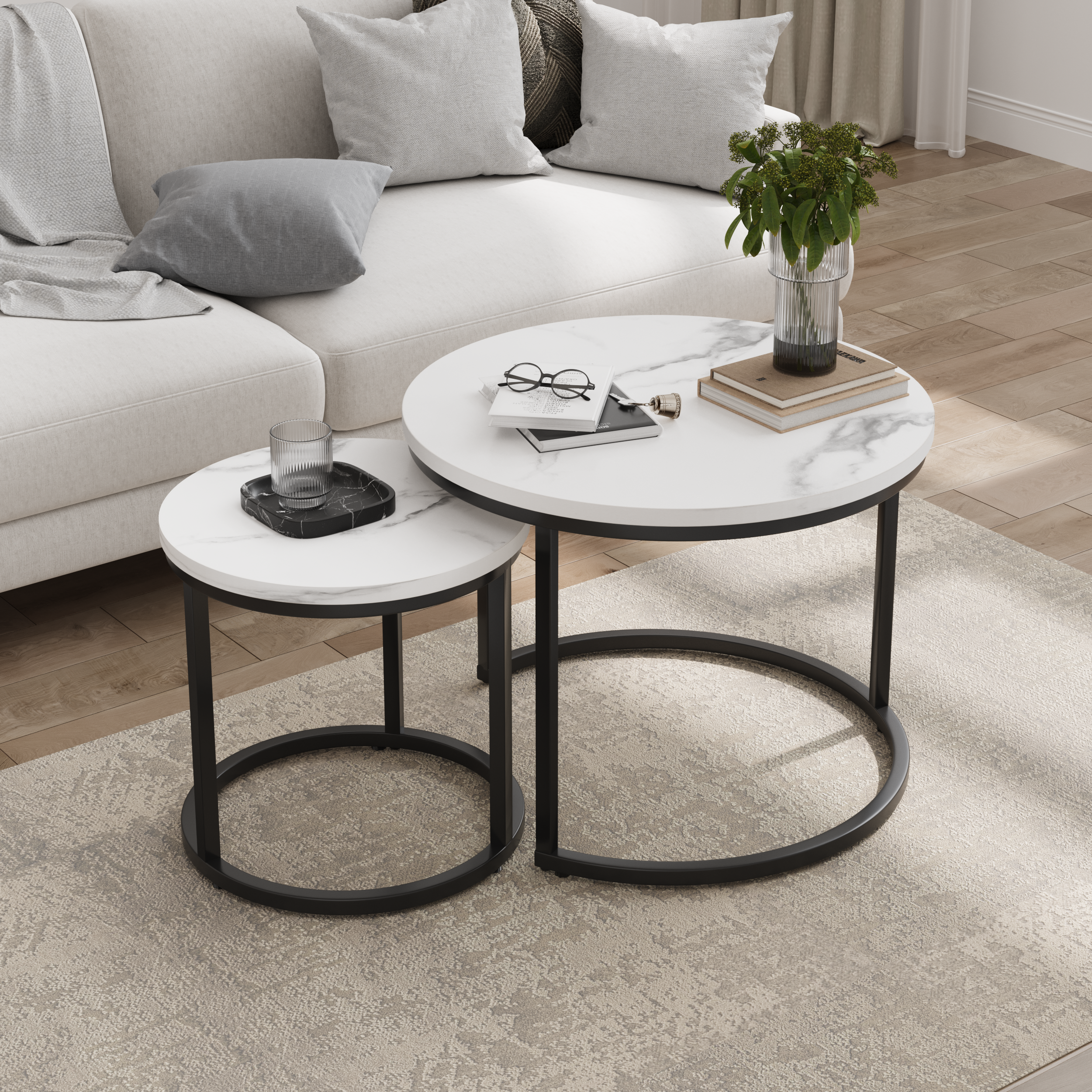 Weiß verschachtelter Couchtisch 2-teiliges Set, 60cm Metallrahmen runder Couchtisch, moderner Couchtisch 2-teiliges Set, geeignet für Wohnzimmer