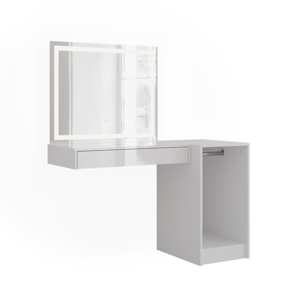 Vicco Stół toaletowy Sherry, Biały/Biały wysoki połysk, 120.2 cm z lustrem LED i modułem z drążkiem na ubrania