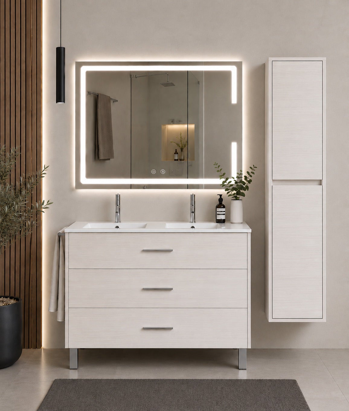Szafka łazienkowa z umywalką ORIGENBATH RIBERA bez lustra 120x45 cm podwójna umywalka biały nordycki z kolumną