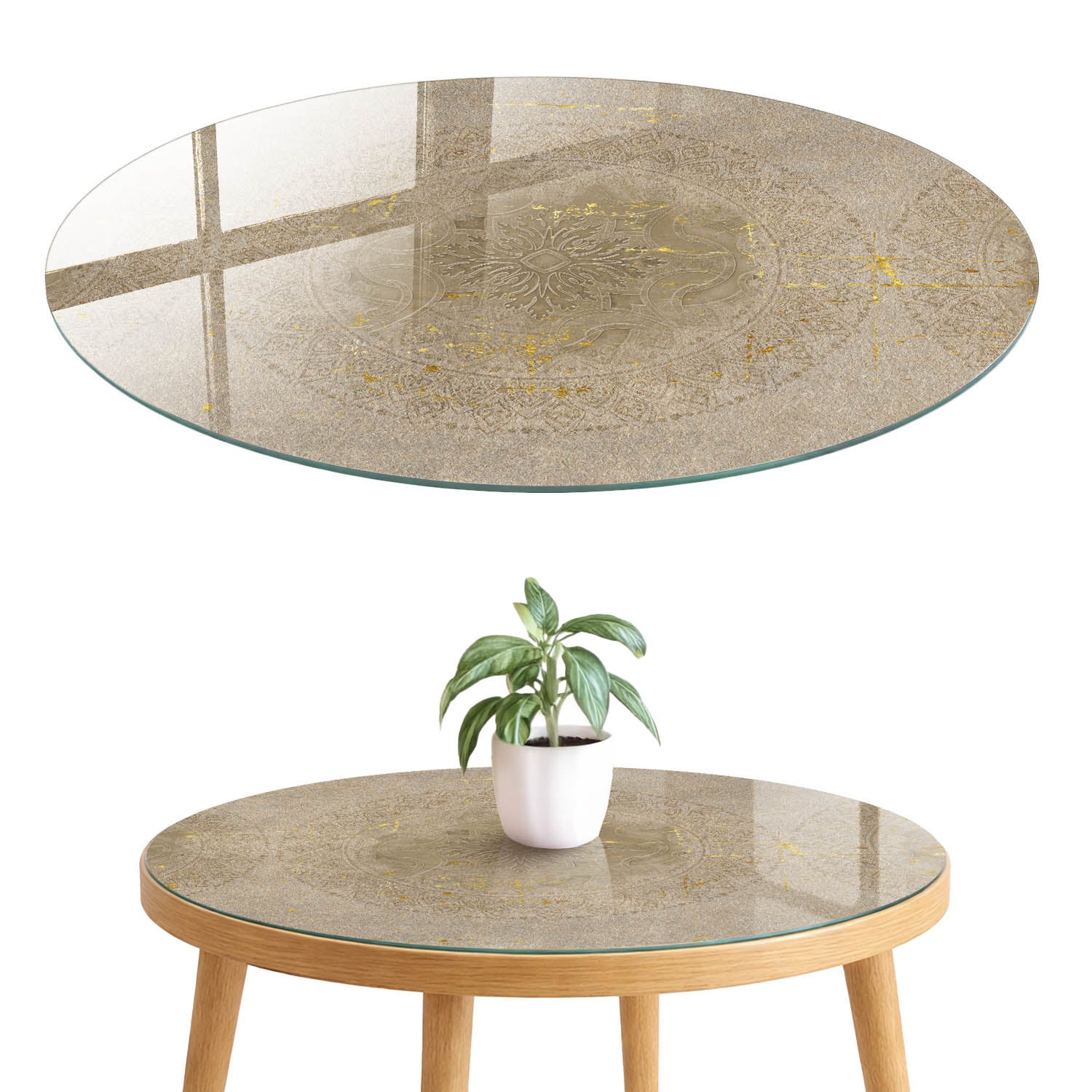 Szkło na stół z nadrukiem 4 mm - dekoracyjny blat do salonu, biura i kuchni fi60 cm Mandala ornamenty