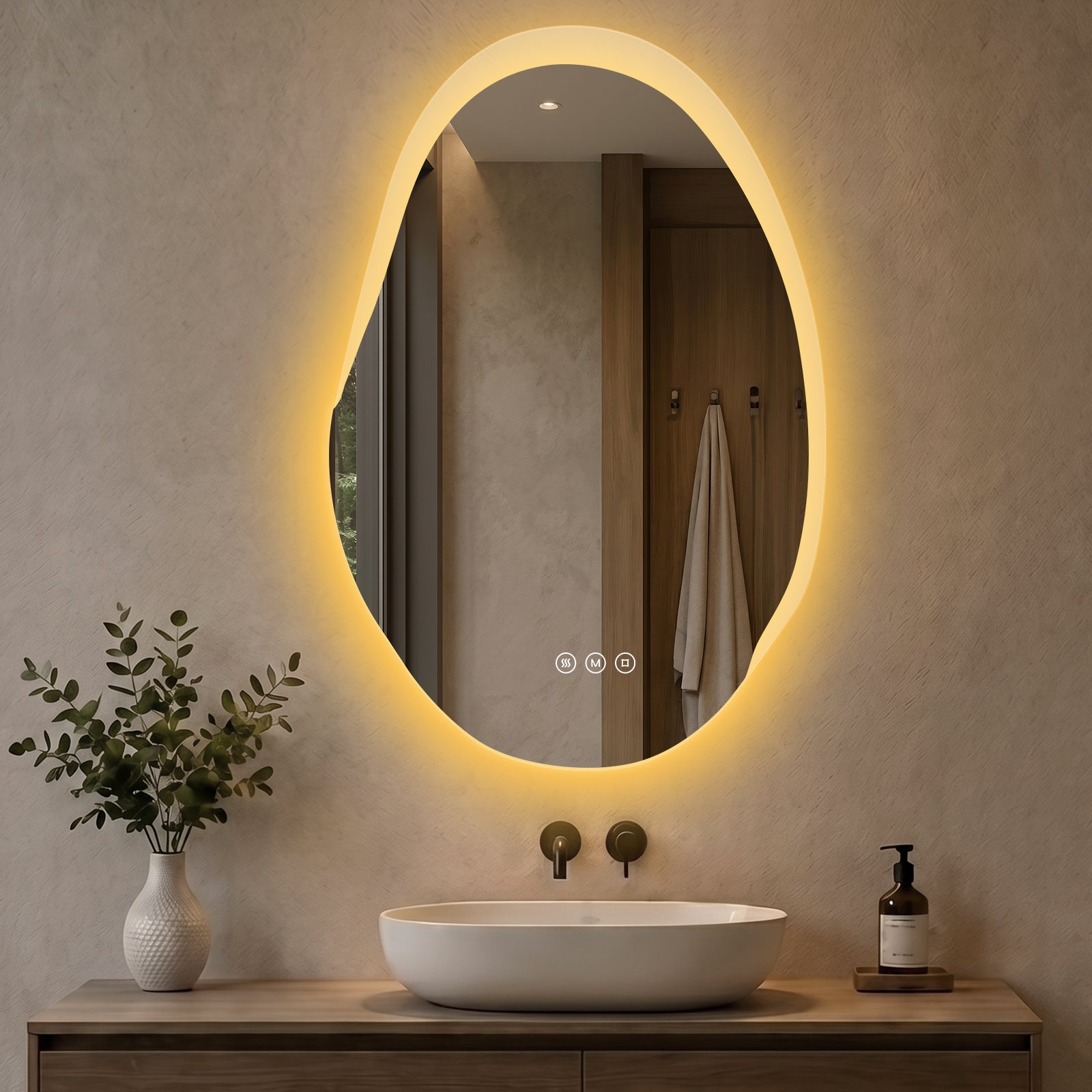Lustro z oświetleniem LED asymetryczne 48 × 72 cm, lustro łazienkowe z satynową podświetlaną krawędzią, 3 barwy światła, przeciwmgielna
