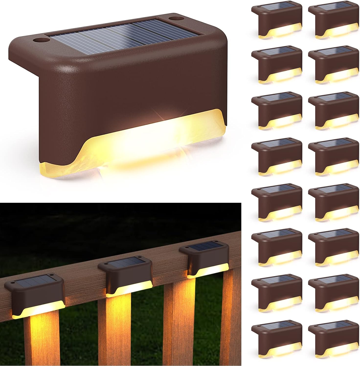 Zestaw 16 lamp solarnych na taras, wodoodporne oświetlenie schodów zewnętrznych, w ciepłym białym świetle.