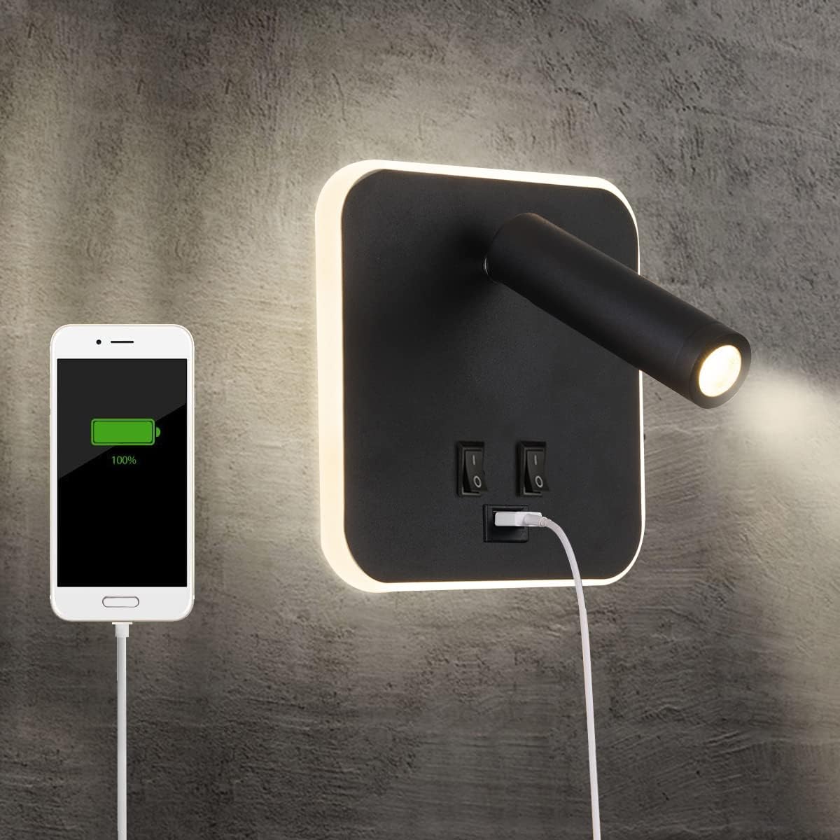 Lampka nocna LED z portem ładowania USB, lampa ścienna do wnętrz, z przełącznikiem, czarna, 3 W + 10 W (kwadratowy USB)