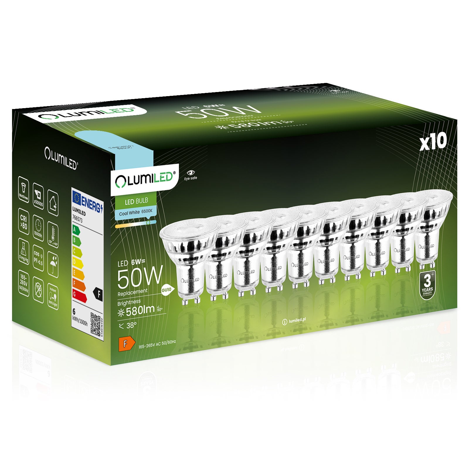 10x Żarówka Lumiled LED GU10 Reflektor PAR16 6W = 50W 580lm 6500K Zimna 38st