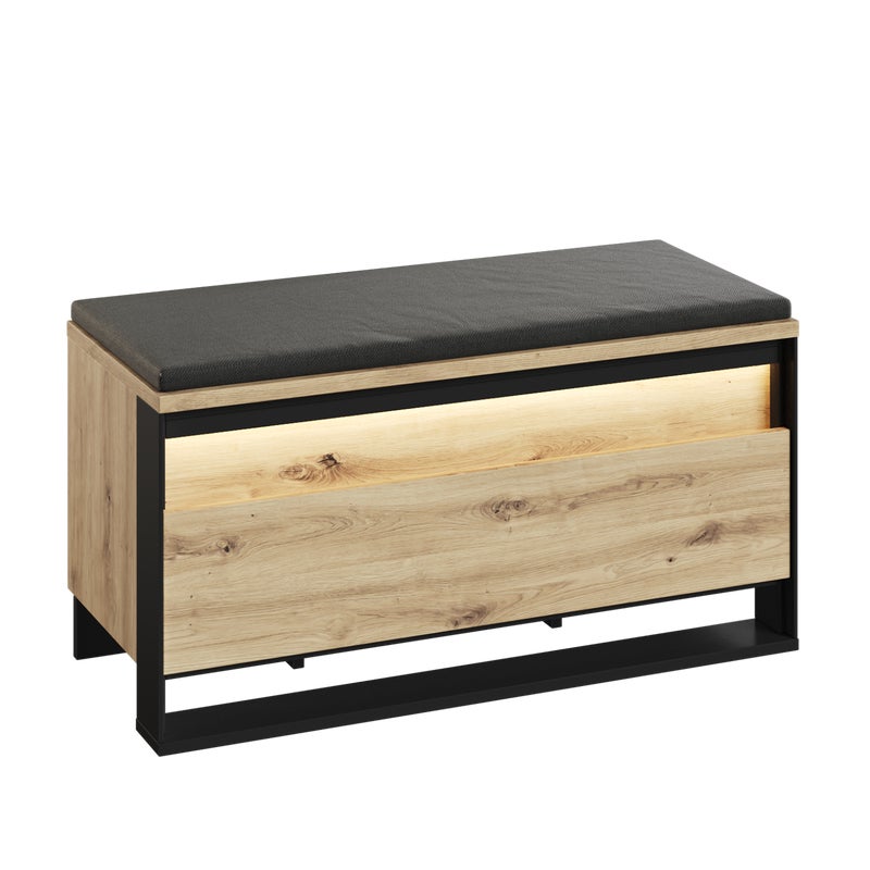 Szafka na buty z siedziskiem QUARO 92 cm z LED – dąb artisan, do przedpokoju