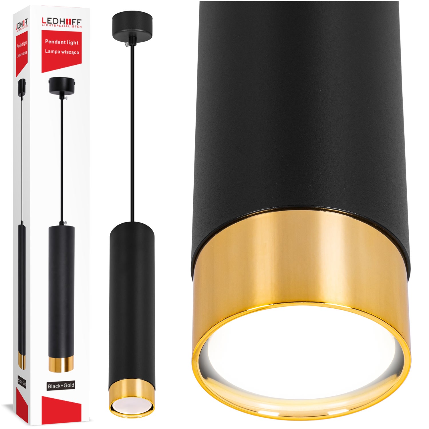 Lampa wisząca na sufit czarno-złota tuba Oprawa GU10 punktowa na kablu do salonu do kuchni NOWOCZESNA glamour - LEDHOFF