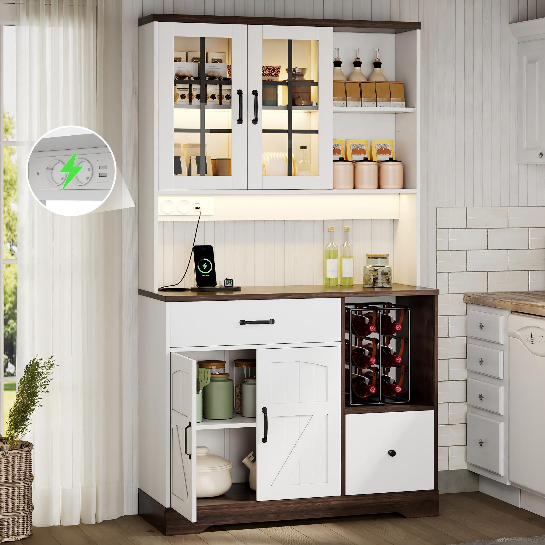 Kredens kuchenny z 4 drzwiami, 2 szufladami i 2 półkami - 185 x 105 x 40 cm - Płyta MDF - Diody LED i gniazdka - Regulowane półki - Biały + naturalny