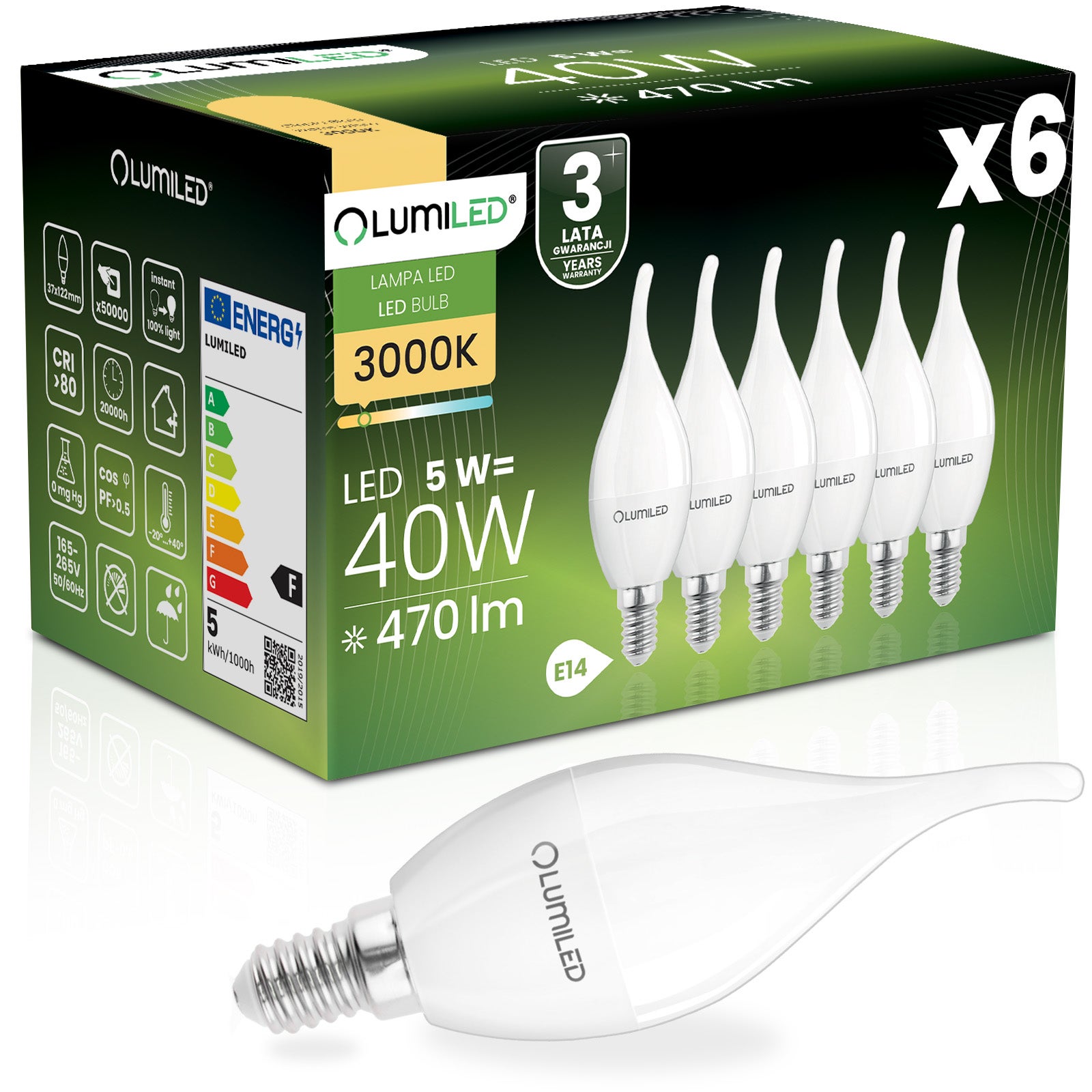 Żarówka LED Lumiled E14 BA35 5W 470lm 3000K Ciepła biel 180st 6 szt.